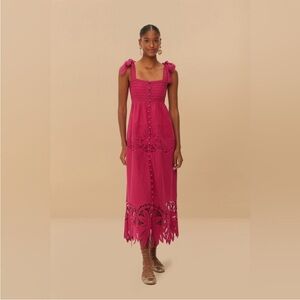 FARM Rio Pink Daisy Embroidered Sleeveless Midi Dress